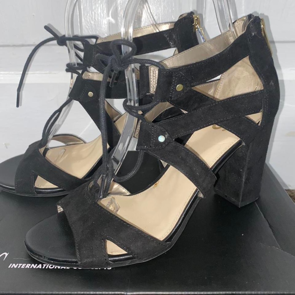 Black suede lace up chunky heels